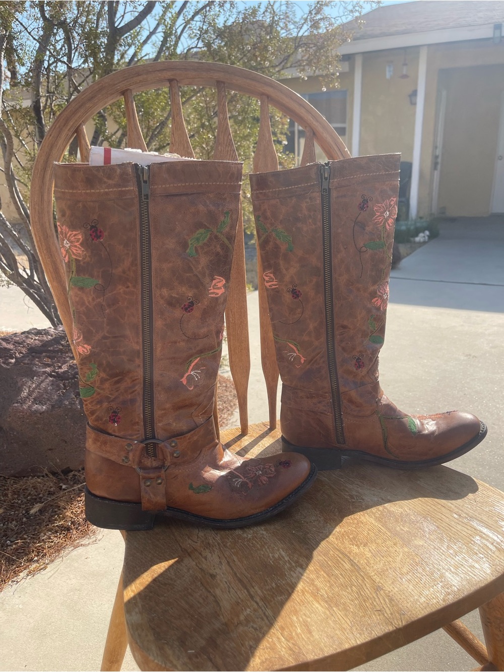 Rare Dan Post  Brown Embroidered Tall Harness Buckle Western Riding Boots.
